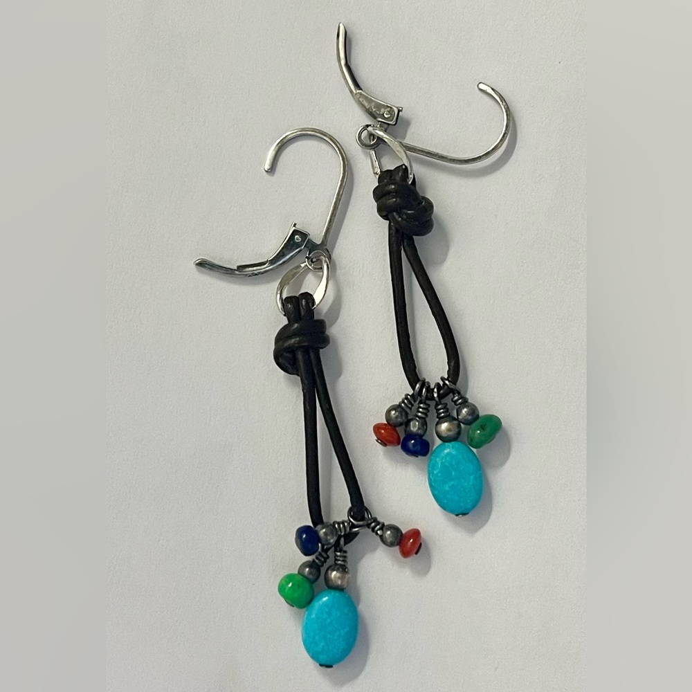 925 leather dangling pierced earrings w/faux stones jewelry